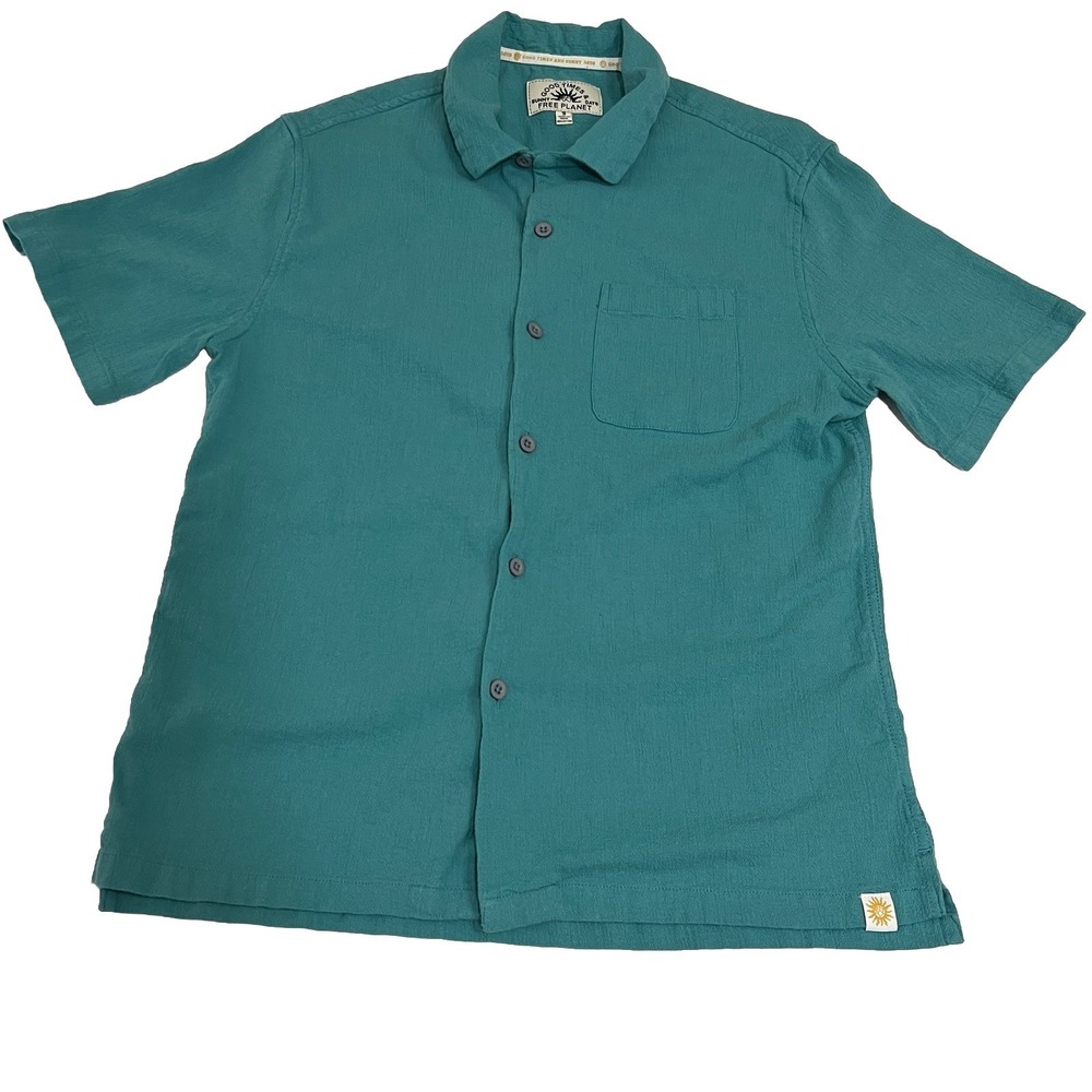 Free Planet Mens Small Button Short Sleeve Turquoise Shirt Good Times Sunny Days